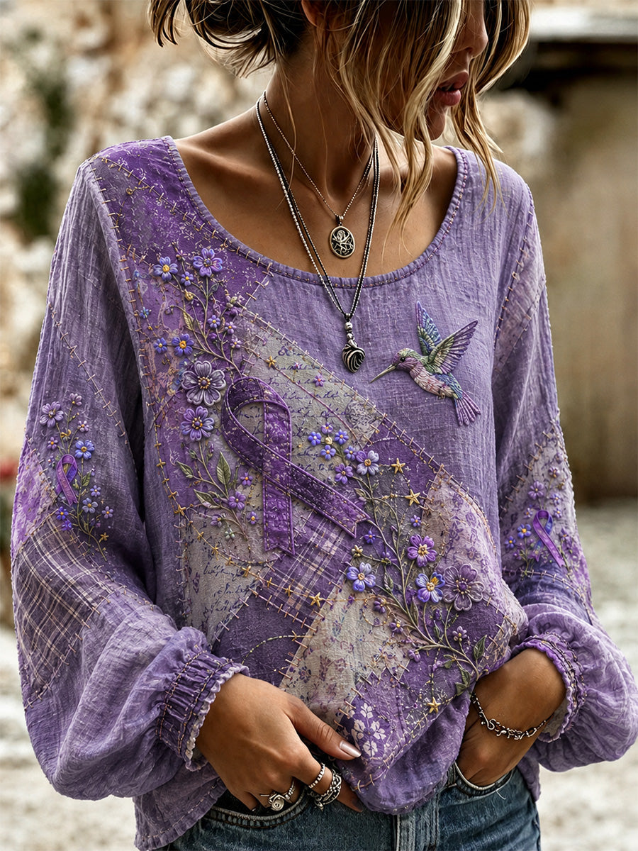 Women's Patchwork Purple Floral & Hummingbird Print Alzheimer's Awareness Support Top gracestitchs