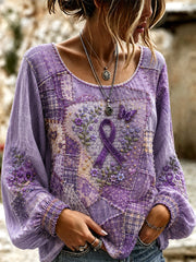 Women's Patchwork Purple Floral & Butterfly Print Alzheimer's Awareness Support Top gracestitchs