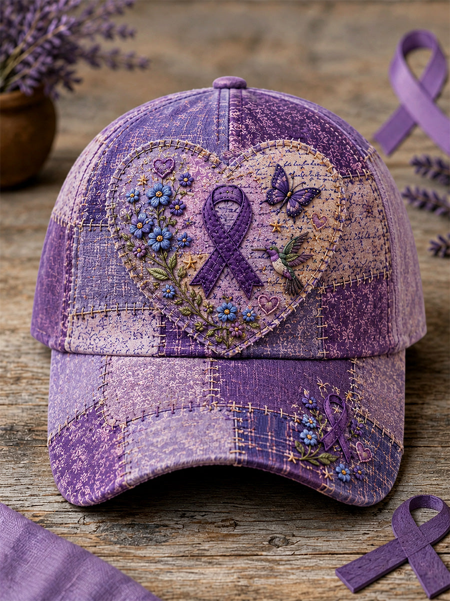 Unisex Patchwork Purple Floral & Hummingbird Print Alzheimer's Awareness Support Hat gracestitchs
