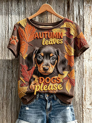 Women's Autumn Leaves & Dogs Please Peeking Dachshund Dog Print short-sleeved T-shirt gracestitchs