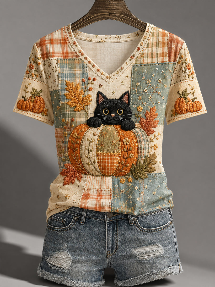Women's Fall Season Cute Black Cat Print Casual V-Neck Tee gracestitchs