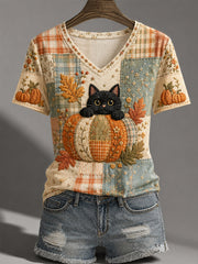 Women's Fall Season Cute Black Cat Print Casual V-Neck Tee gracestitchs
