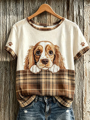 Women's cute dog check pattern printed casual short-sleeve T-shirt gracestitchs
