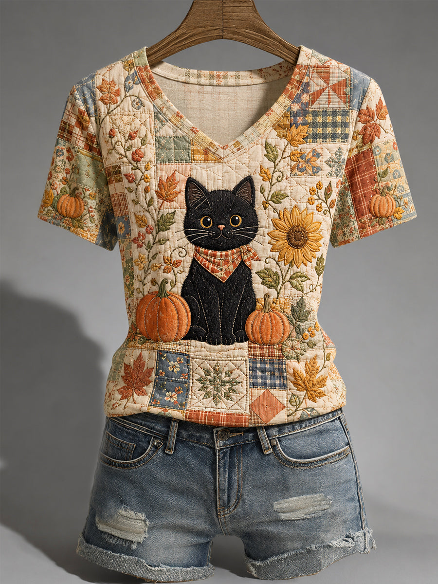 Women's Fall Season Cute Black Cat Print Casual V-Neck Tee gracestitchs