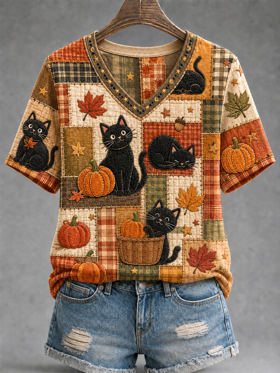 Women's Fall Season Cute Black Cats Print Casual V-Neck Tee gracestitchs
