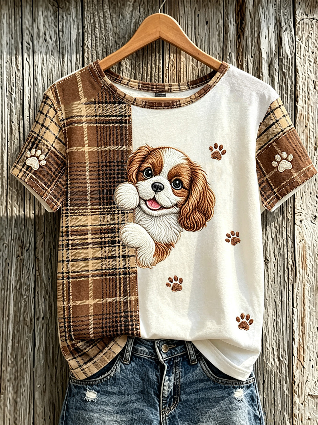 Women's cute dog check pattern printed casual short-sleeve T-shirt gracestitchs