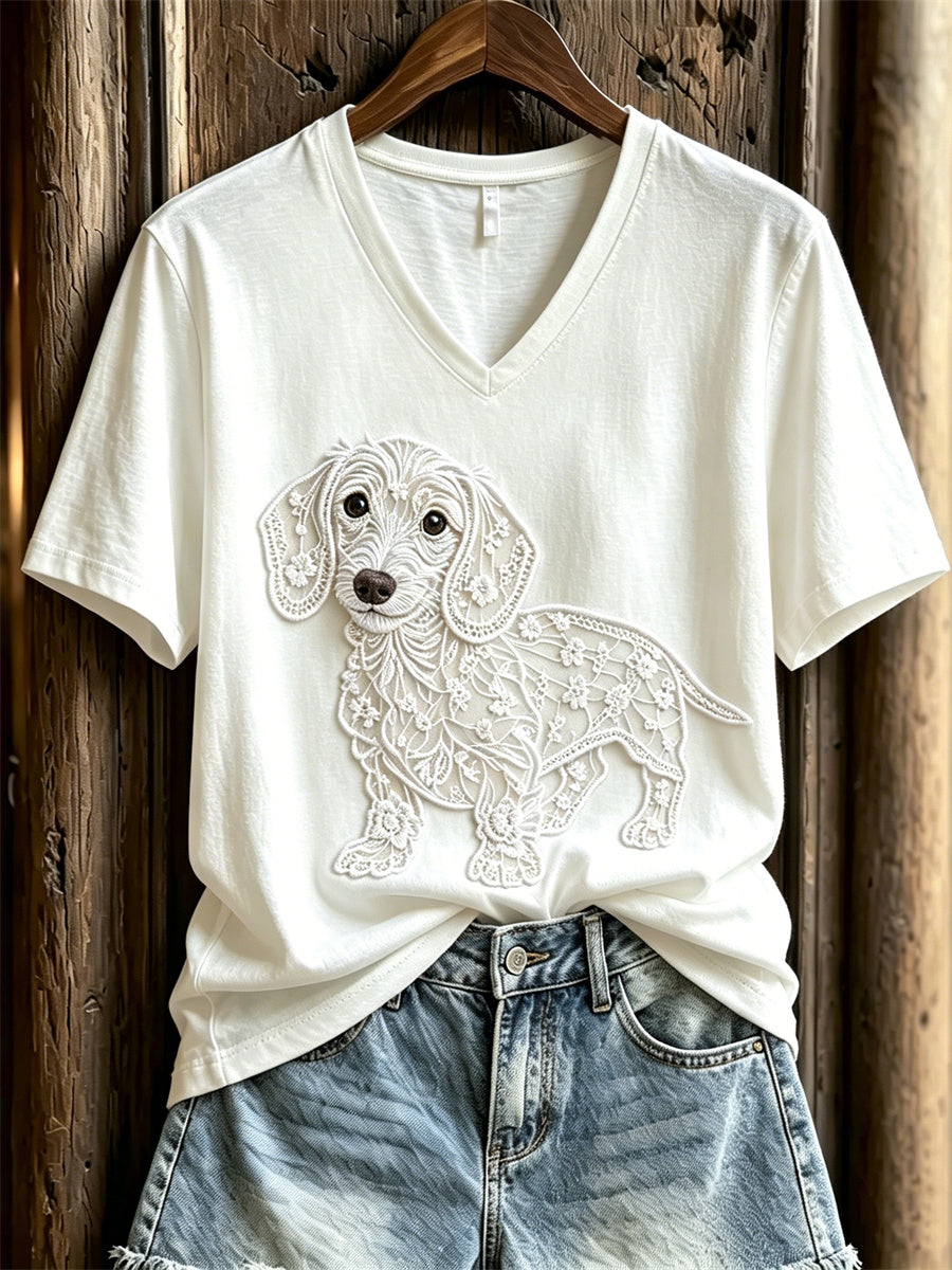 Women's Lovely Dachshund Dog Lace Art Print short-sleeved T-shirt gracestitchs