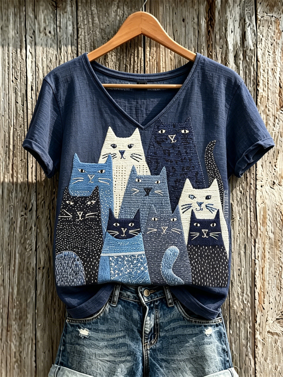 Women's Crowded Cats Japanese Sashiko Art Print linen short-sleeved T-shirt gracestitchs
