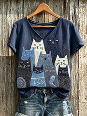 Women's Crowded Cats Japanese Sashiko Art Print linen short-sleeved T-shirt gracestitchs
