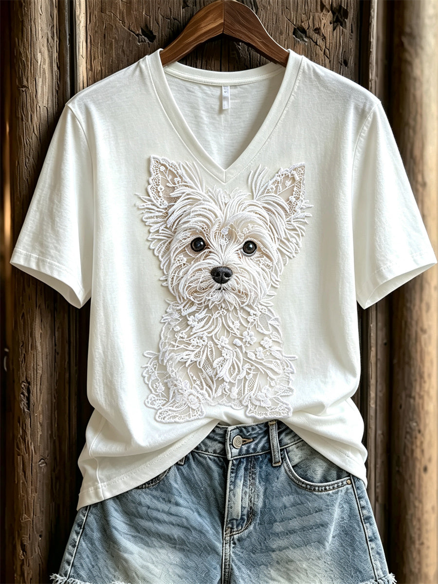 Women's Lovely Yorkshire Terrier Dog Lace Art Print short-sleeved T-shirt gracestitchs