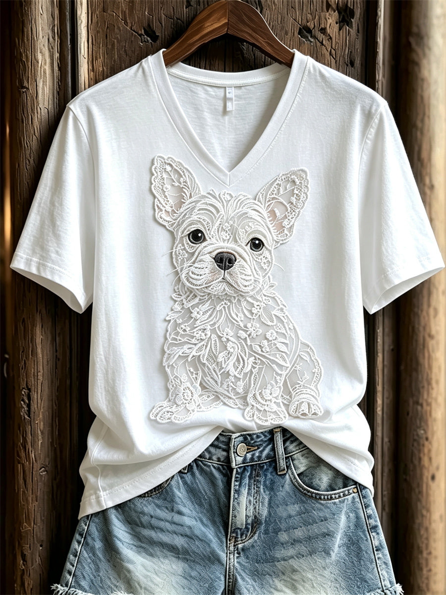Women's Lovely French Bulldog Lace Art Print short-sleeved T-shirt gracestitchs