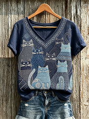 Women's Crowded Cats Japanese Sashiko Art Print linen short-sleeved T-shirt gracestitchs