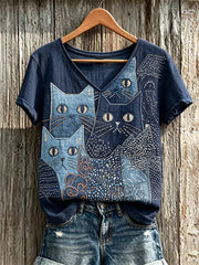 Women's Crowded Cats Japanese Sashiko Art Print linen short-sleeved T-shirt gracestitchs