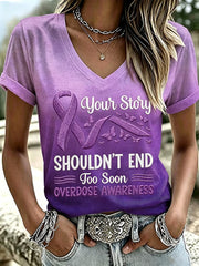 Women's No Story Should End Too Soon Overdose Awareness Print Casual V-NeckTee gracestitchs