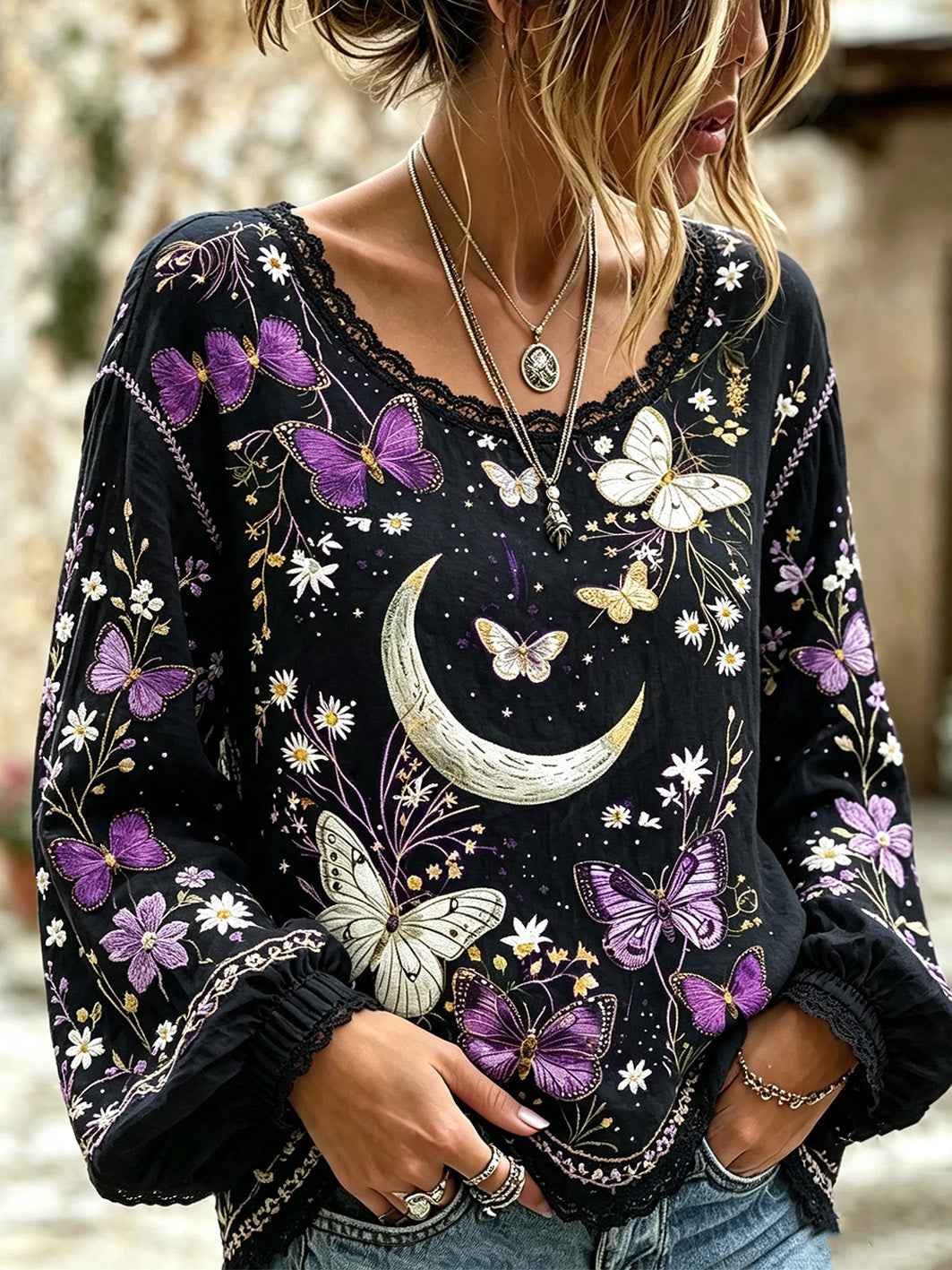 Women's Butterfly And Flowers Pattern Printed Cotton-Linen Shirt