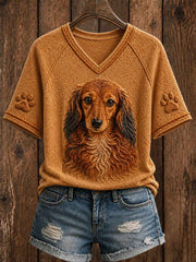 Women's Cute Dachshund Art V-neck Short Sleeve T-shirt