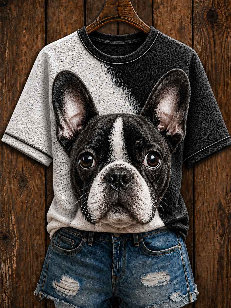 Women's Cute Boston Terrier Art Round Neck Short Sleeve T-shirt