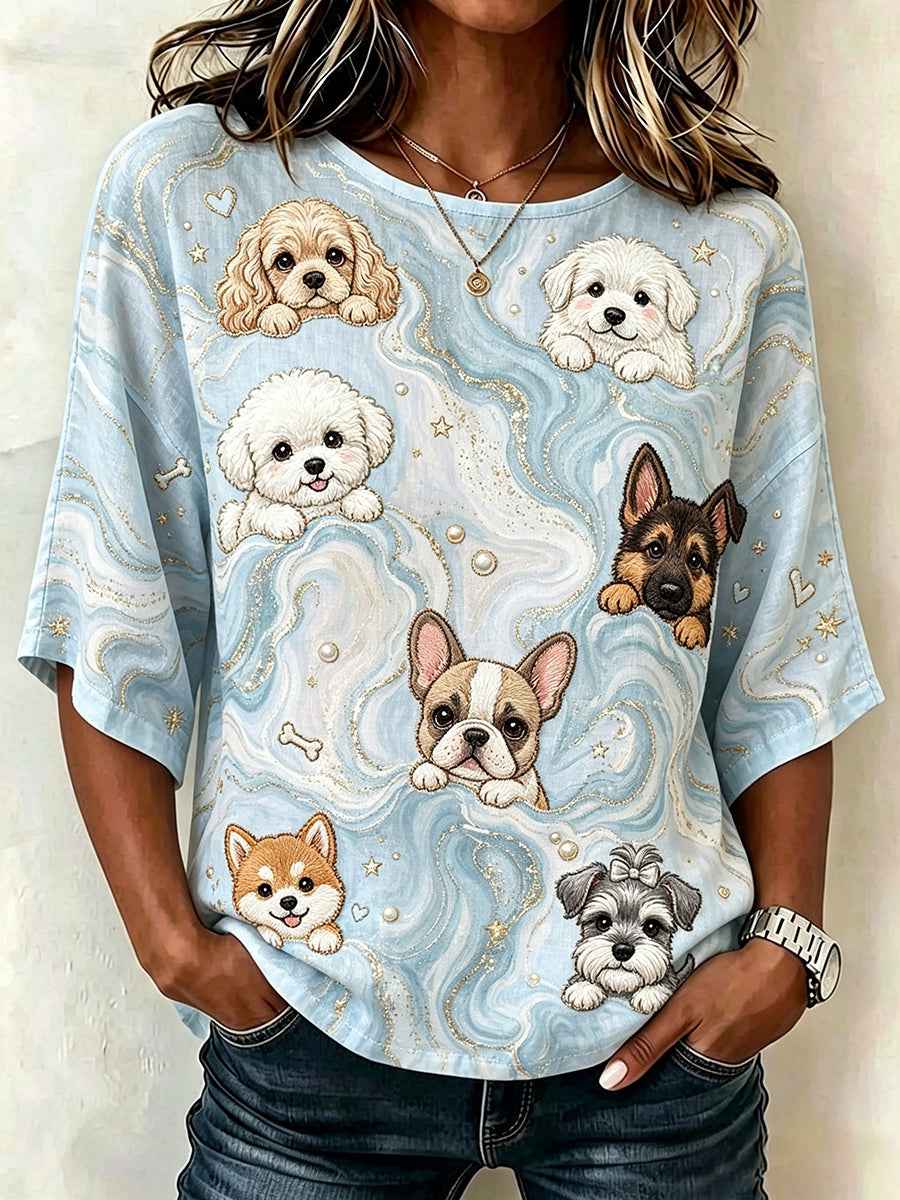 Women's Vintage Marble Pattern & Dogs Art Print Linen Mid-sleeved T-shirt
