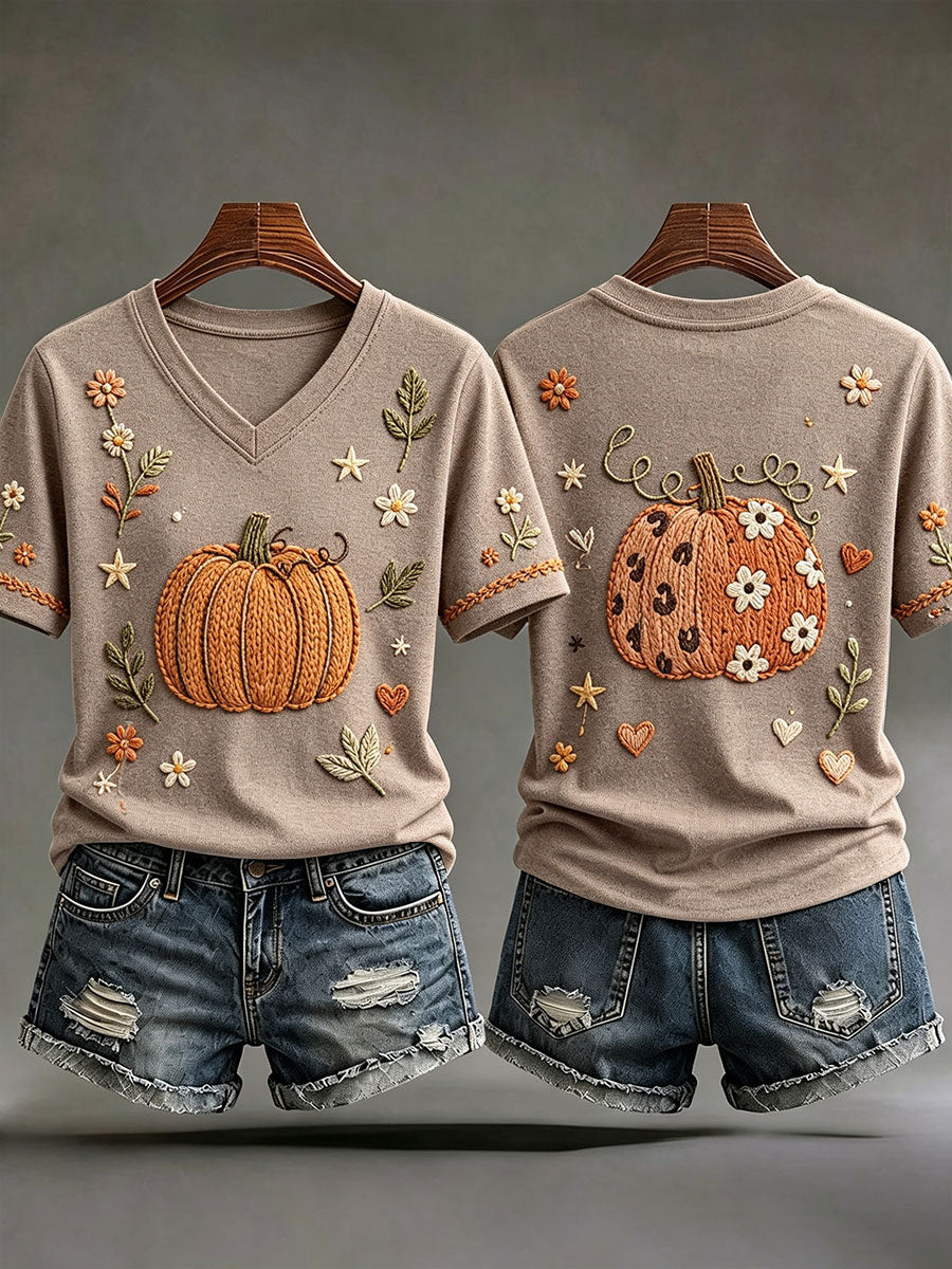 Women's Fall Pumpkin V-Neck T-Shirts gracestitchs