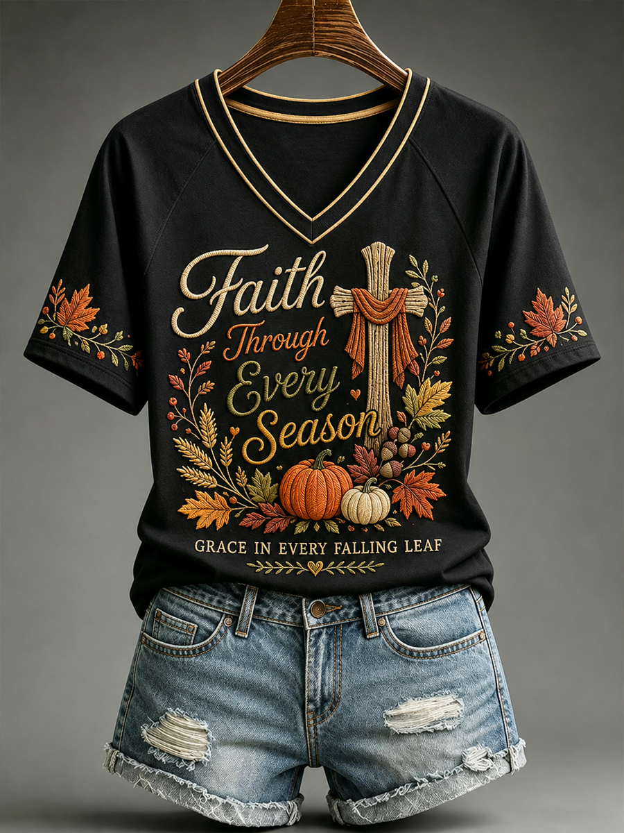 Women's Fall Casual Faith Graphic Print V-neck off-shoulder short-sleeved T-shirt gracestitchs