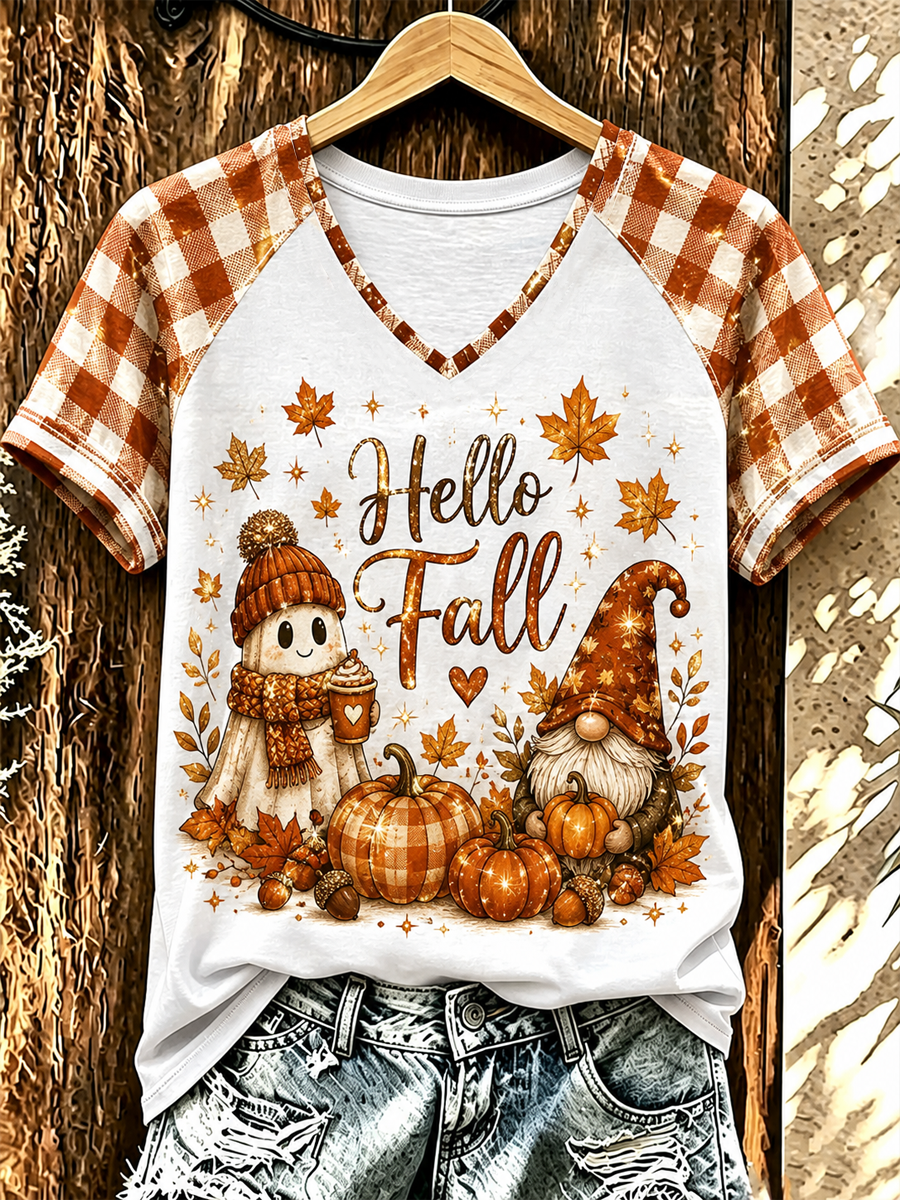 Women's Fall Printed V-neck off-shoulder short-sleeved T-shirt gracestitchs