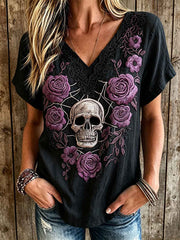 Women's dark style skull and floral pattern printed casual cotton and linen T-shirt