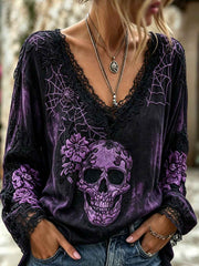 Women's dark style skull and floral pattern printed casual cotton and linen shirt