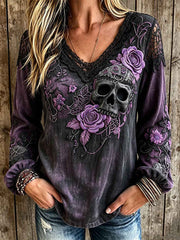 Women's dark style skull and floral pattern printed casual cotton and linen shirt