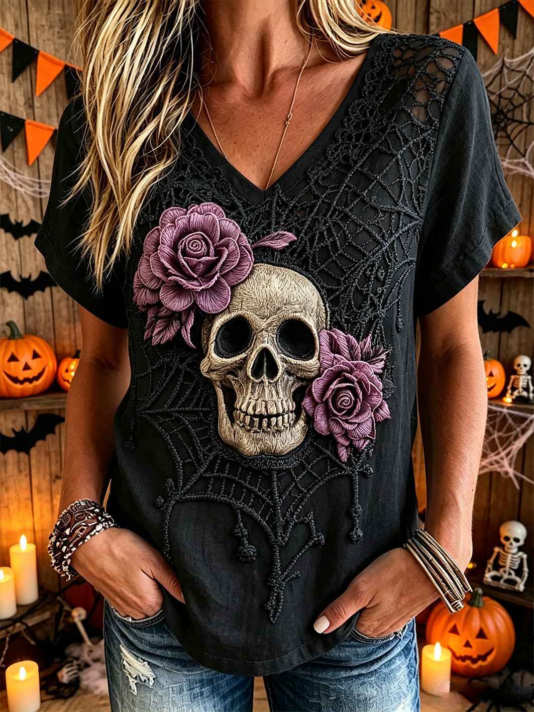 Women's dark style skull and floral pattern printed casual cotton and linen T-shirt