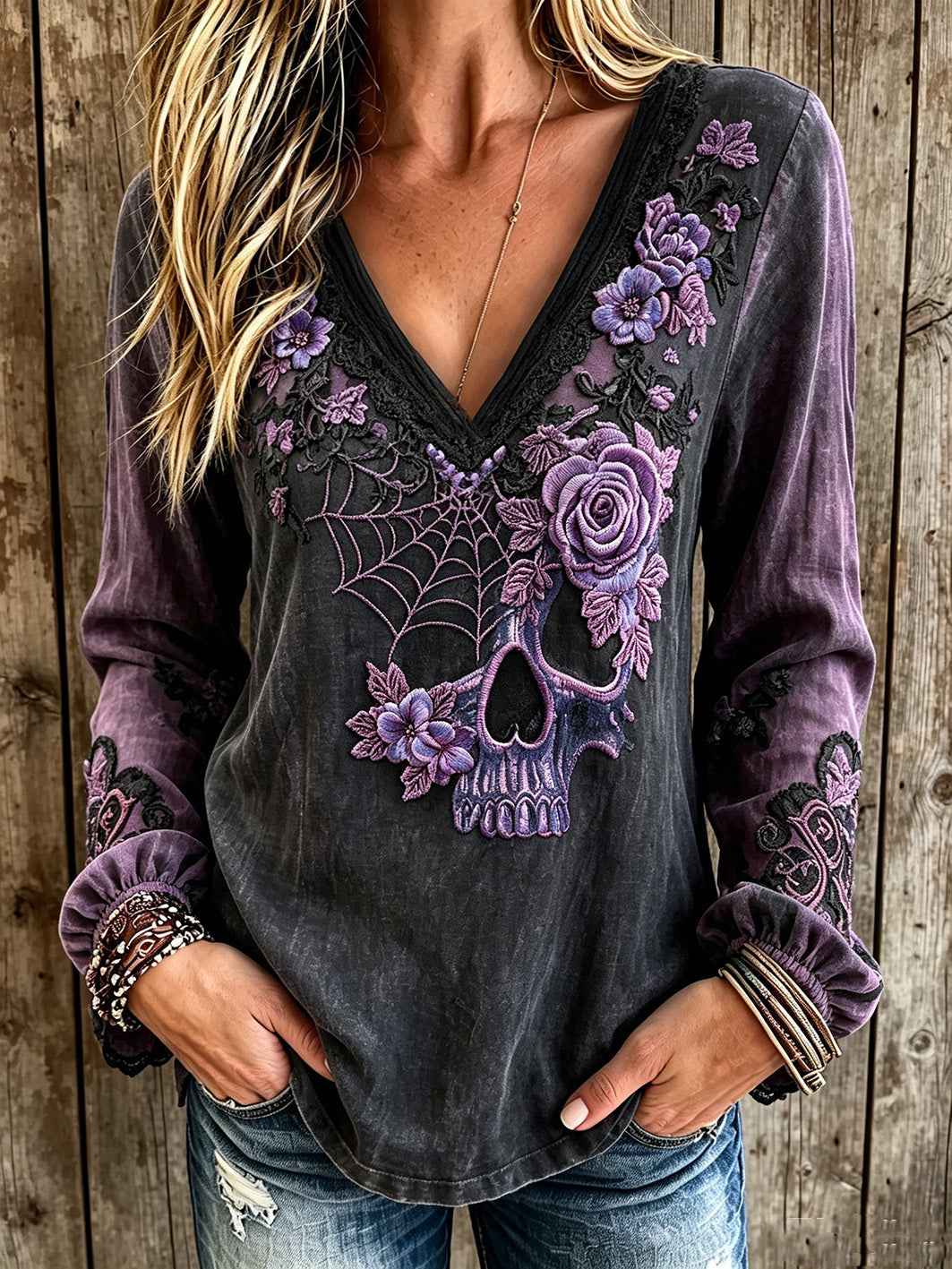 Women's dark style skull and floral pattern printed casual cotton and linen shirt