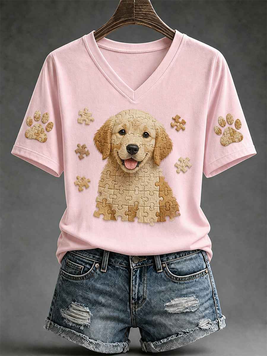 Women's Puzzle Piece Dog Print V-Neck Tee