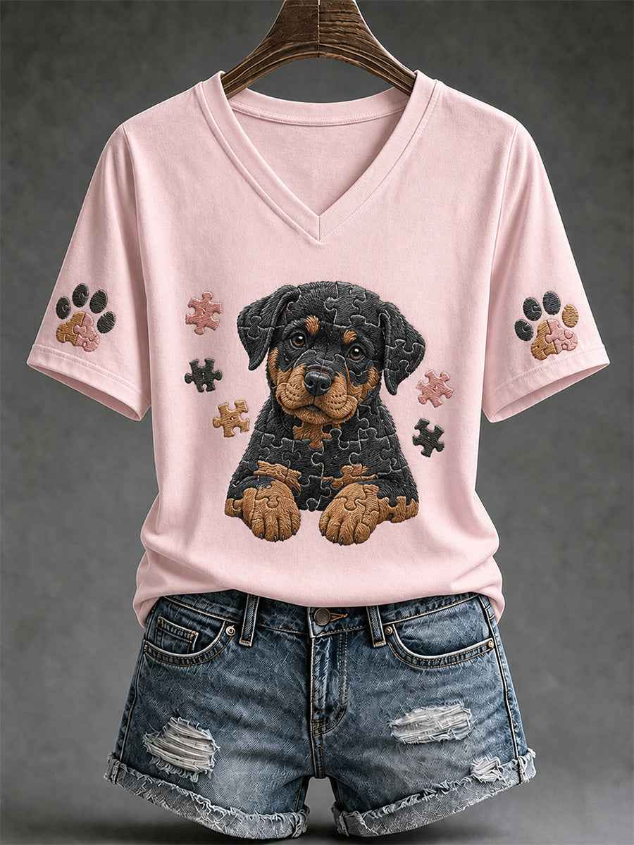 Women's Puzzle Piece Dog Print V-Neck Tee gracestitchs