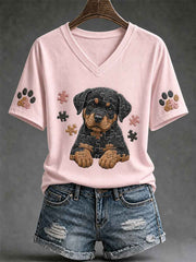 Women's Puzzle Piece Dog Print V-Neck Tee gracestitchs