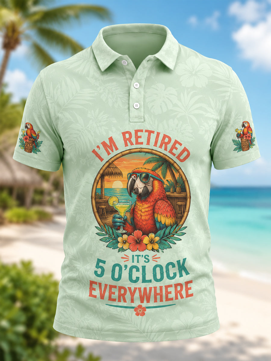 Men's I'm Retired It's 5 O'clock Everywhere Parrot Print Casual Polo gracestitchs