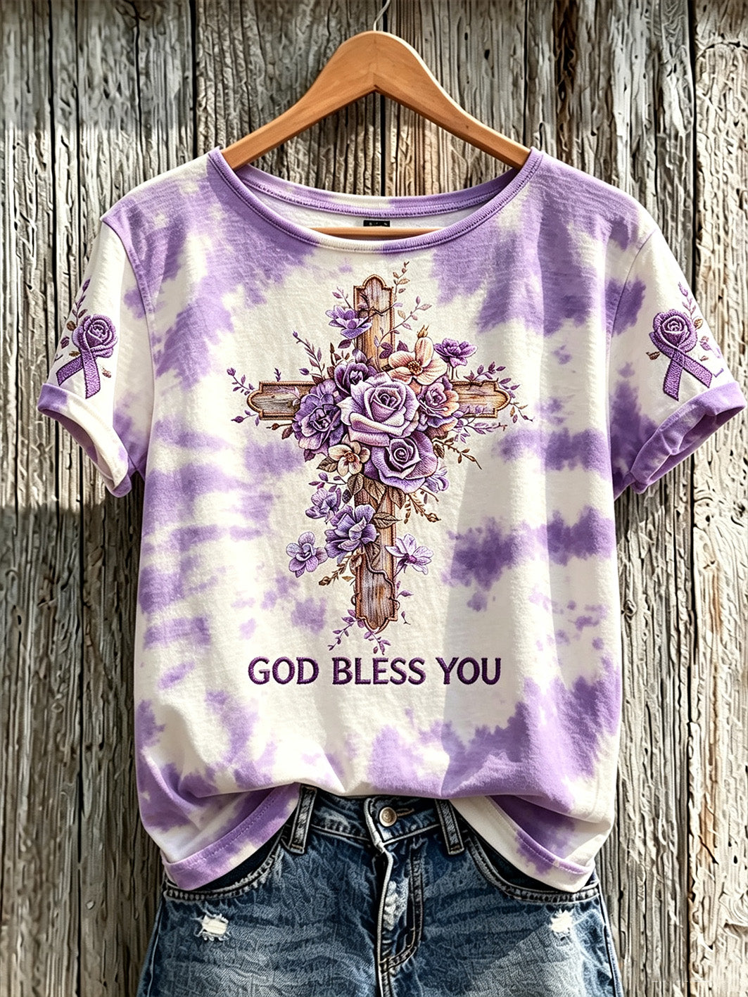 Women's retro floral and cross pattern print tie-dye design casual short-sleeve T-shirt gracestitchs