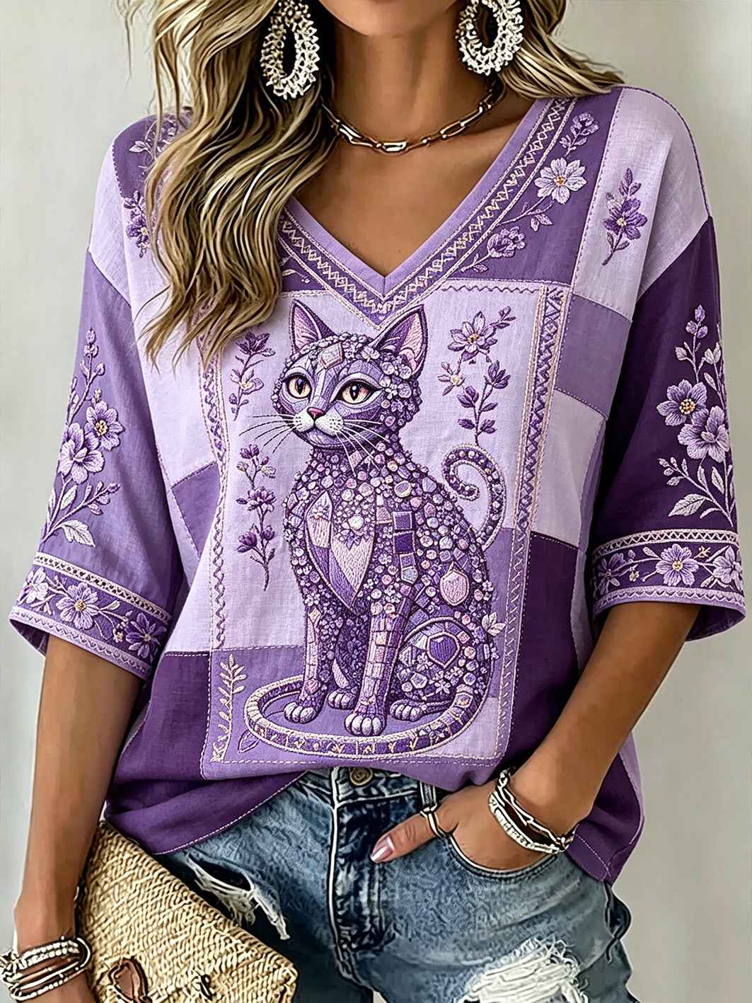 Women's purple floral and cat pattern printed casual shirt gracestitchs