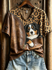 Women's Peeking Bernese Mountain Dog Unzipped Leopard Print short-sleeved T-shirt gracestitchs