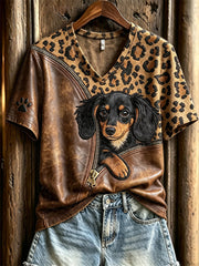 Women's Peeking Dachshund Dog Unzipped Leopard Print short-sleeved T-shirt gracestitchs