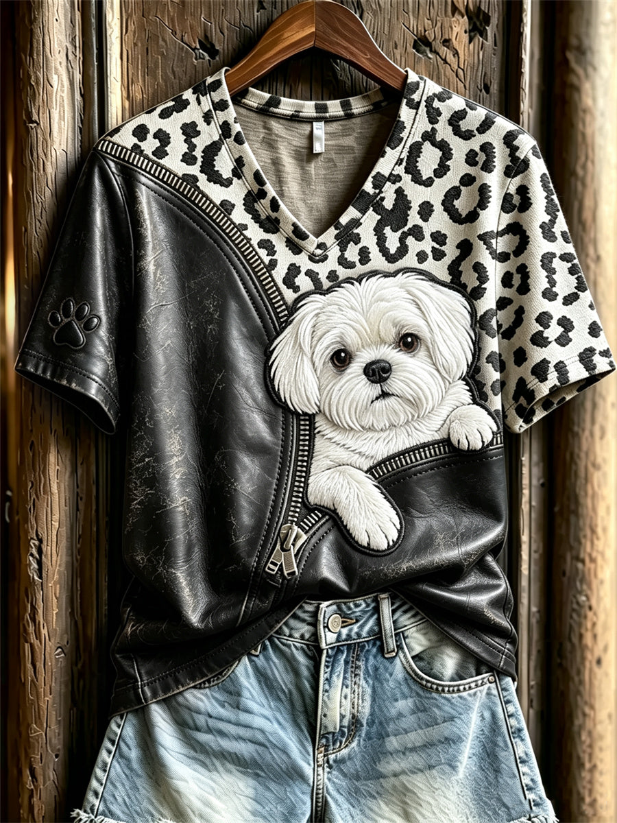 Women's Peeking Maltese Dog Unzipped Leopard Print short-sleeved T-shirt gracestitchs