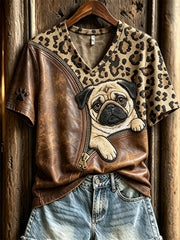 Women's Peeking Pug Dog Unzipped Leopard Print short-sleeved T-shirt gracestitchs