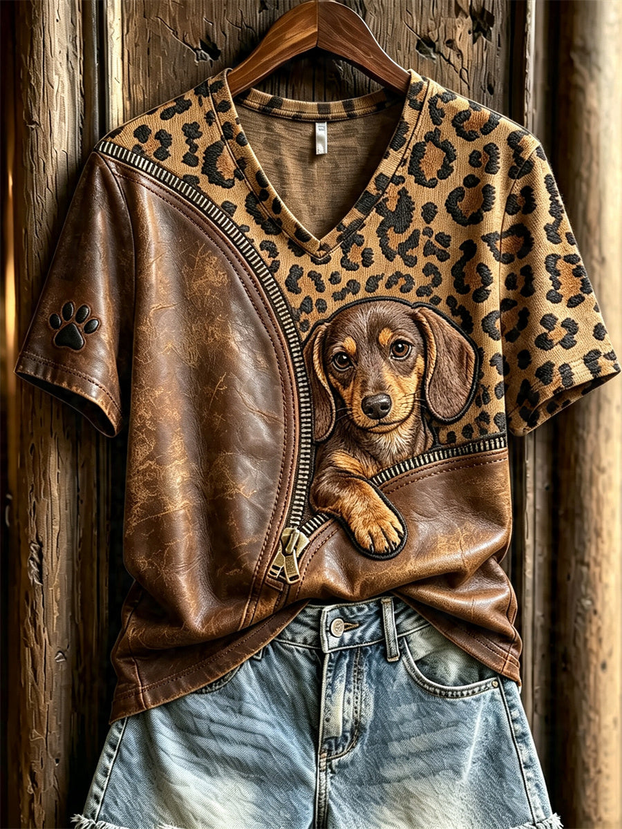 Women's Peeking Dachshund Dog Unzipped Leopard Print short-sleeved T-shirt gracestitchs