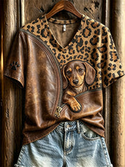 Women's Peeking Dachshund Dog Unzipped Leopard Print short-sleeved T-shirt gracestitchs