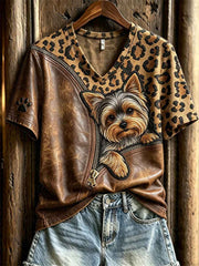 Women's Peeking Yorkshire Terrier Dog Unzipped Leopard Print short-sleeved T-shirt gracestitchs