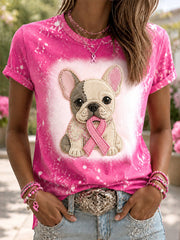 Women's Hope For A Cure Pink Ribbon Dog Print Breast Cancer Awareness Support Tee gracestitchs