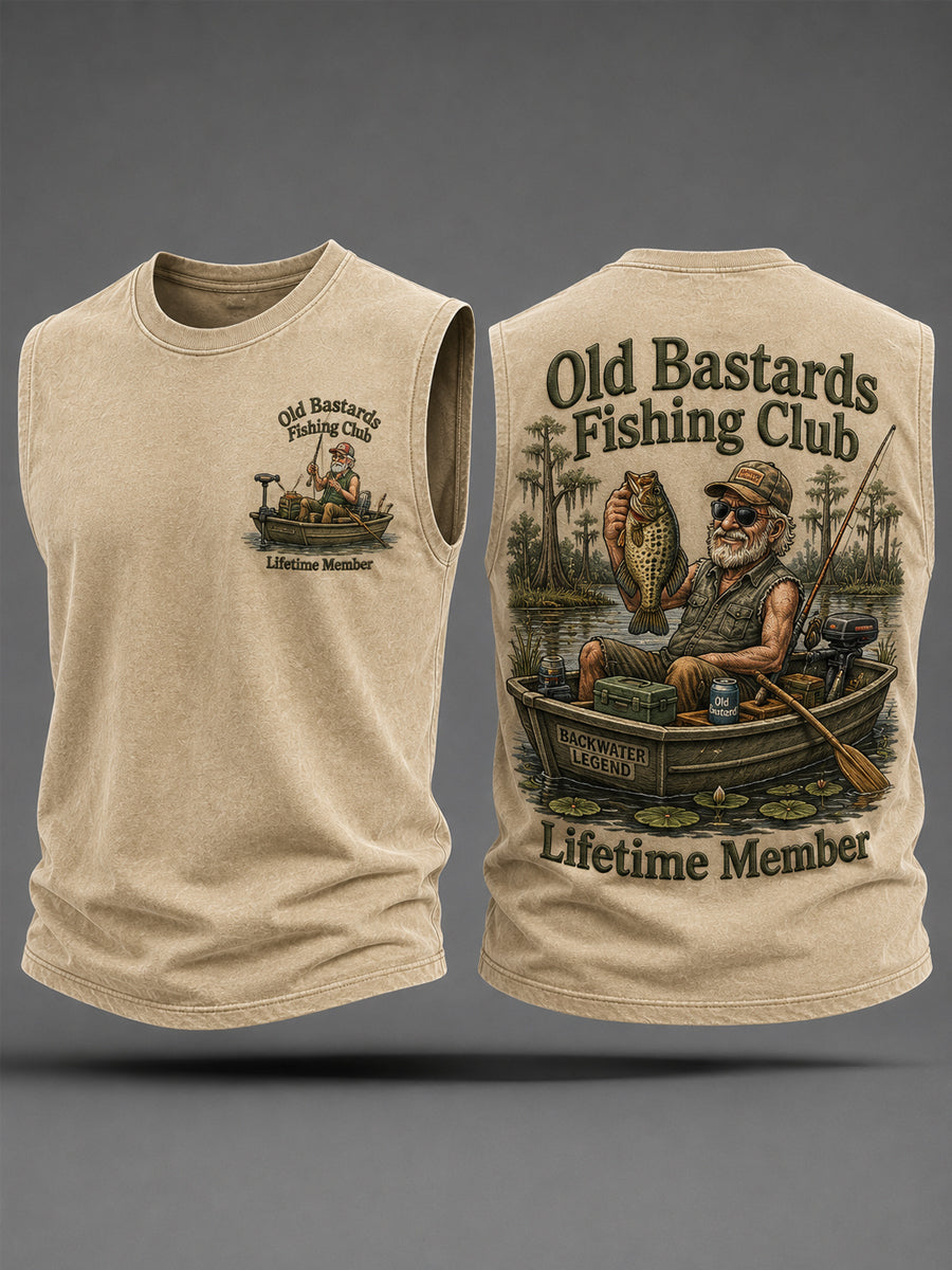 Men's Funny Old Bastards Fishing Club Lifetime Member Print Casual Tank Top gracestitchs