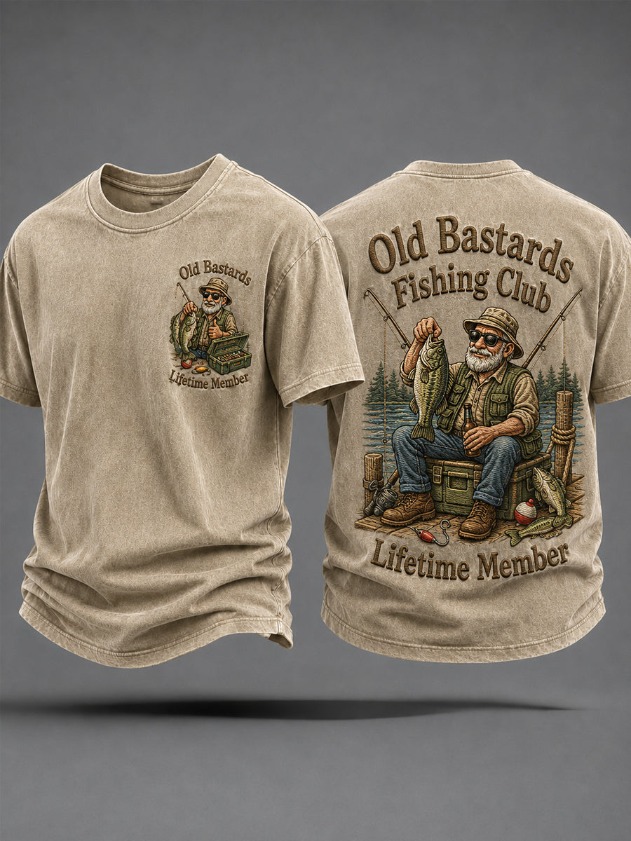 Men's Funny Old Bastards Fishing Club Lifetime Member Print Casual Tee gracestitchs