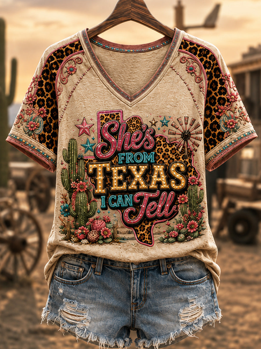 Women's She's From Texas I Can Tell Print Casual V-Neck Tee gracestitchs