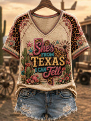 Women's She's From Texas I Can Tell Print Casual V-Neck Tee gracestitchs