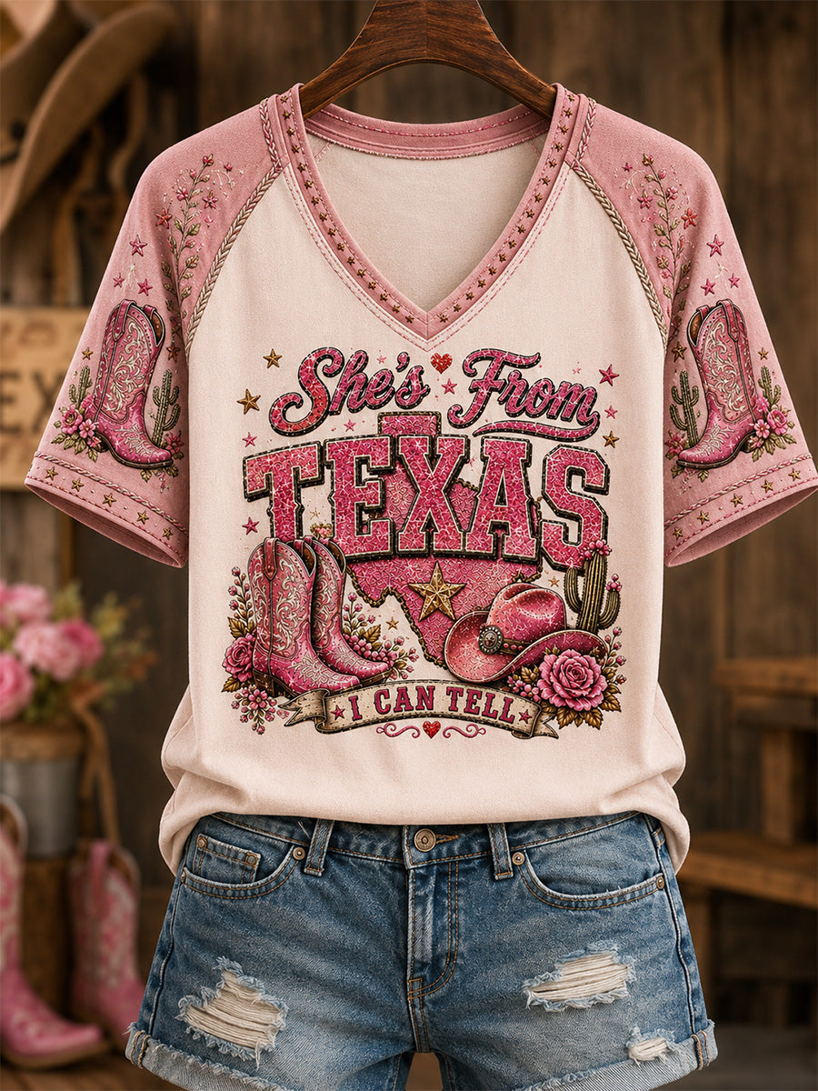 Women's She's From Texas I Can Tell Print Casual V-Neck Tee gracestitchs