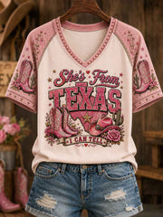 Women's She's From Texas I Can Tell Print Casual V-Neck Tee gracestitchs